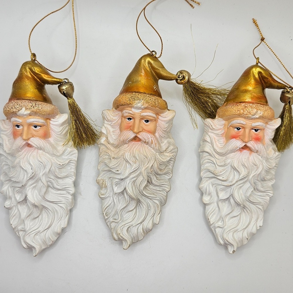 Set of 3 Vintage Santa Face Christmas Ornaments‎ Gold Hat Tassel Holiday Decor